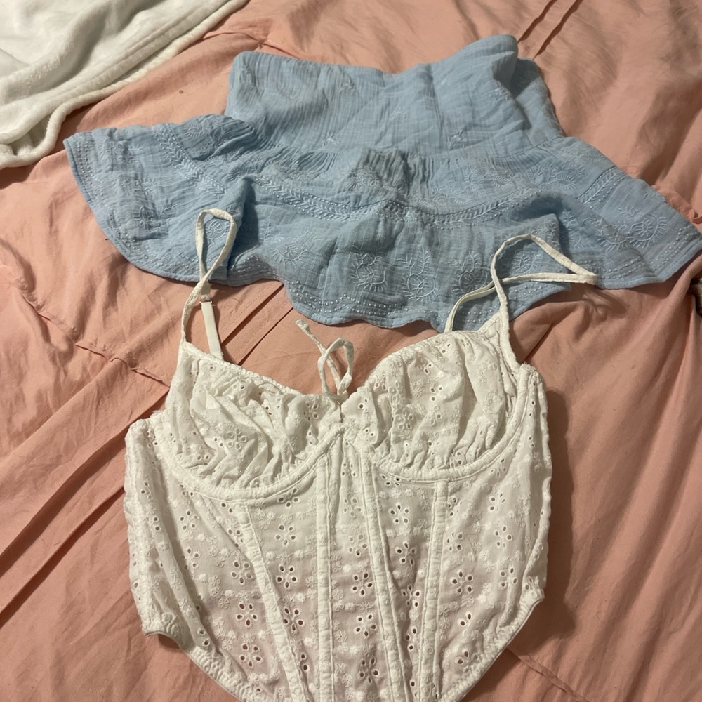 White Eyelet Corset Top and Blue Tube Top Set